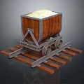 Wooden Mine Cart On Rail Tracks With White Material Inside