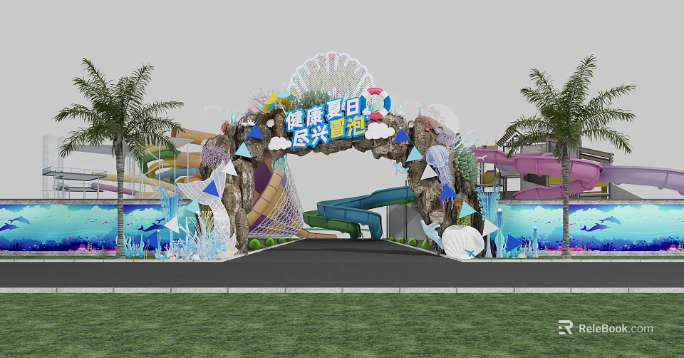 Colorful Summer Themed Entrance With Slide Palm Trees And Water Pool Decorations 3d model 