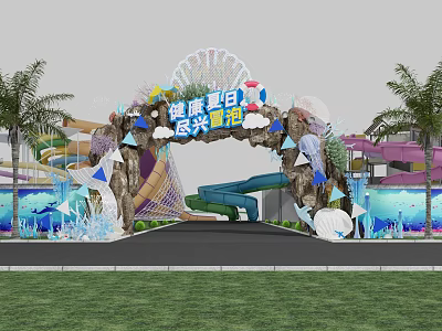 Colorful Summer Themed Entrance With Slide Palm Trees And Water Pool Decorations 3d model