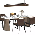 Dining Table Set with Marble Top Geometric Base Brown Chairs and Rectangular Pendant Light 3d model