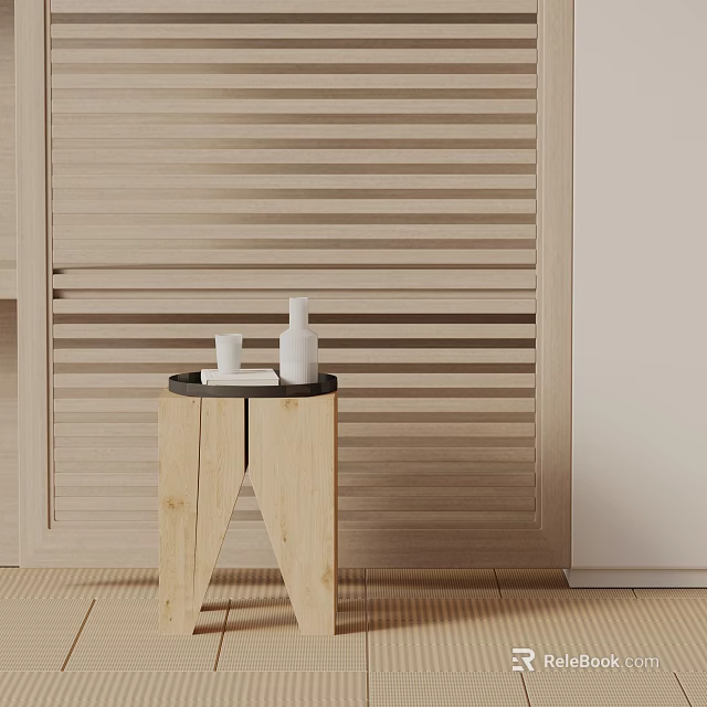 Wooden Side Table Triangular Legs Black Top White Vases And Book On Wooden Slat Wall 3d model 