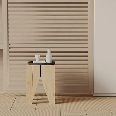 Wooden Side Table Triangular Legs Black Top White Vases And Book On Wooden Slat Wall 3d model
