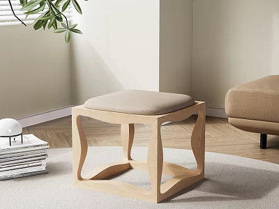 Modern Minimalist Natural Wood Stool With Beige Padded Seat And Geometric Frame Design 3d model