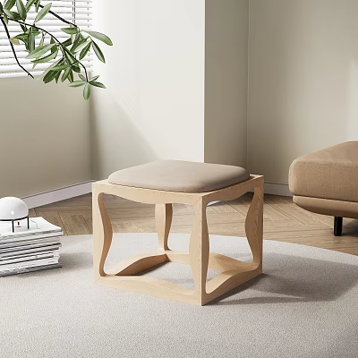 Modern Minimalist Natural Wood Stool With Beige Padded Seat And Geometric Frame Design 3d model