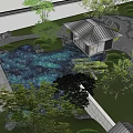 Japanese Style Courtyard Garden With Stone Table Rocks Green Trees Pathway And Pavilion