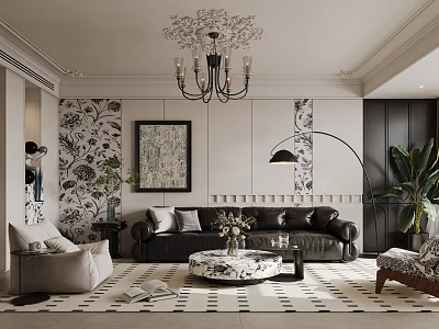 Elegant Modern Living Room Interior With Chandelier Framed Painting Black Leather Sofa And Green Plant 3d model