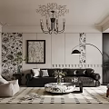 Elegant Modern Living Room Interior With Chandelier Framed Painting Black Leather Sofa And Green Plant