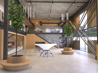 Modern Open Space Front Desk Reception With Industrial Style Large Windows Green Plants Exposed Ceiling 3d model