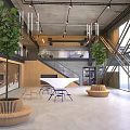 Modern Open Space Front Desk Reception With Industrial Style Large Windows Green Plants Exposed Ceiling