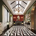 Elegant Villa Balcony With Green Wall Chandelier Archway And Black White Floor Tiles