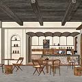 Cafe Interior Design with Wooden Tables Arched Details Ceiling Beams and Bar Counter