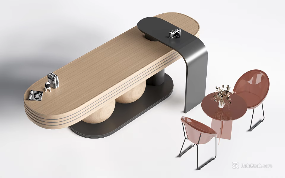 Modern Curved Bar Counter With Wooden Top Round Base Pink Chairs And Flower Decor 3d model 