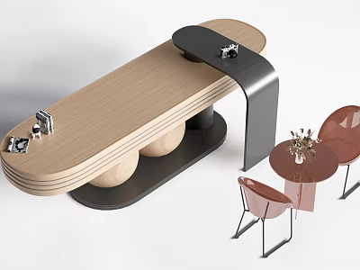 Modern Curved Bar Counter With Wooden Top Round Base Pink Chairs And Flower Decor 3d model