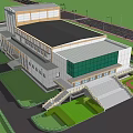 Modern Public Building With Glass Facade Stone Exterior Landscaping Water Feature And Entrance Steps