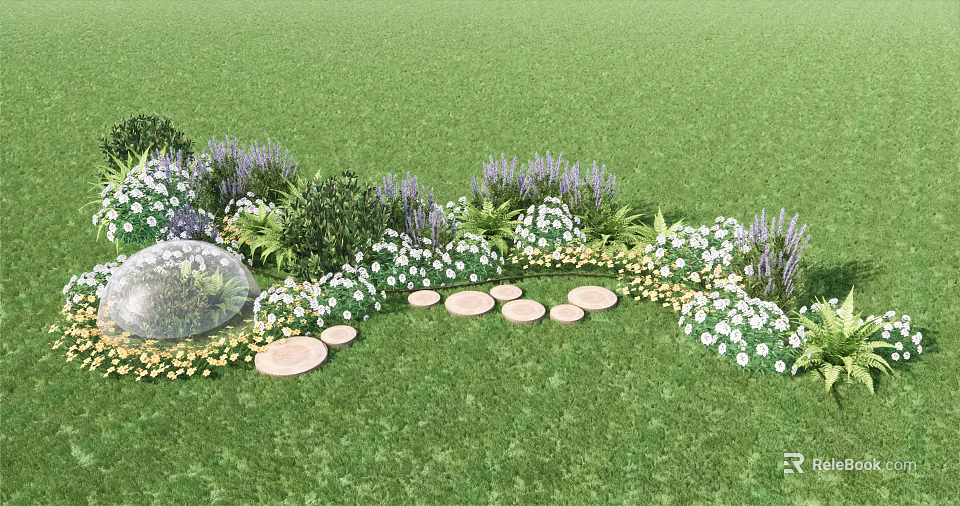 Vibrant Purple And White Flowers With Green Lawn And Stone Stepping Path 3d model 