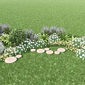 Vibrant Purple And White Flowers With Green Lawn And Stone Stepping Path