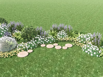 Vibrant Purple And White Flowers With Green Lawn And Stone Stepping Path 3d model