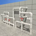 White Pipes Structure With Red Valves Against Gray Wall And Gray Concrete Floor