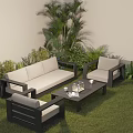 Modern Outdoor Sofa Coffee Table Set With Green Plants Lawn And Palm Trees