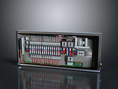 Practical Electrical Control Panel With Organized Circuit Breakers And Color Coded Wires 3d model