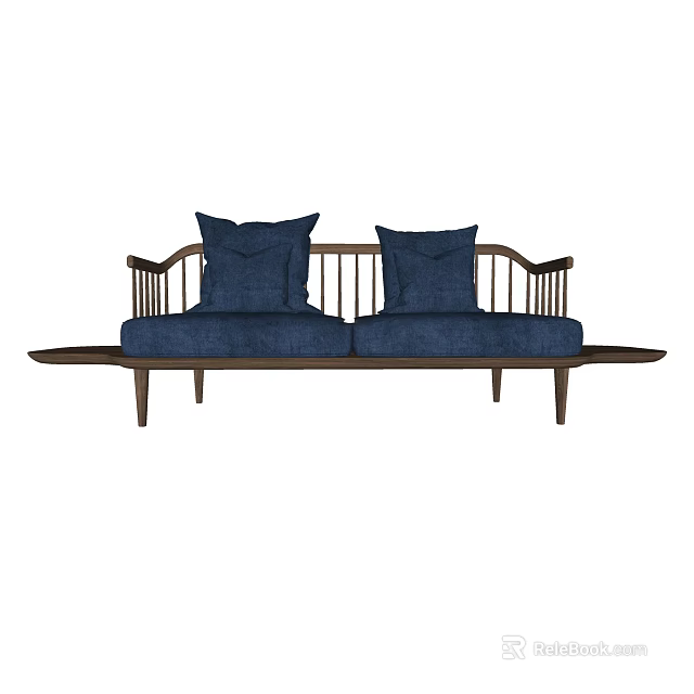 Modern Navy Blue Two Seater Sofa With Wooden Frame And Comfortable Cushions 3d model 
