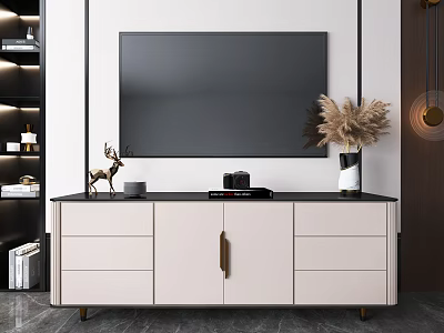 Modern TV Stand With White Cabinet Doors Black Countertop Drawers And Decorative Items 3d model