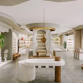 Modern Mall Store Interior With Curved Design Wooden White Counters And Hanging Lights