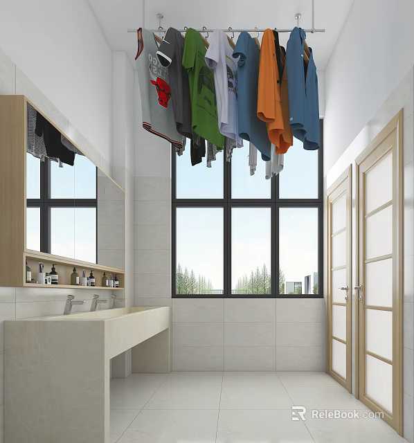 Modern Other Bathroom Interior With Vanity Mirror Windows Hanging Clothes And Tiled Walls 3d model 