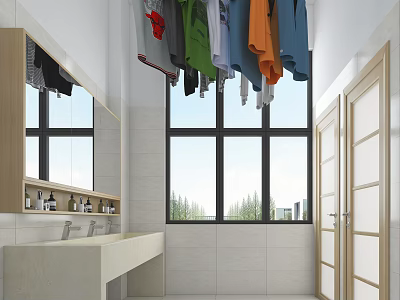 Modern Other Bathroom Interior With Vanity Mirror Windows Hanging Clothes And Tiled Walls 3d model