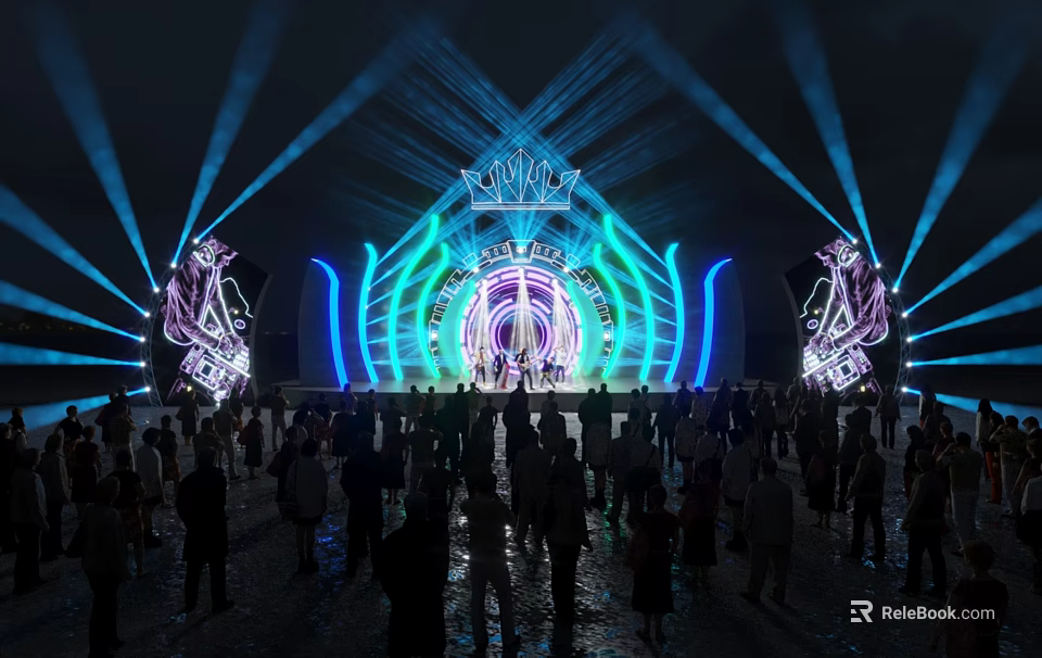 Beauty Queen Stage Event With Crown Design Colorful Lighting Effects And Audience Crowd 3d model 