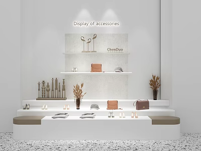 Fashion Clothing Store Accessories Display In White Interior With Shelves Bags Shoes And Plants 3d model