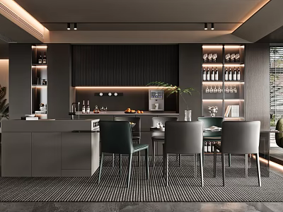 Modern Restaurant Interior With Open Layout Dining Table Wine Racks Chairs And Stylish Lighting 3d model