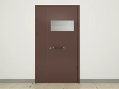 Brown Double Door with Glass Window and Single Handle in Light Wall Floor Setting 3d model