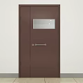 Brown Double Door with Glass Window and Single Handle in Light Wall Floor Setting