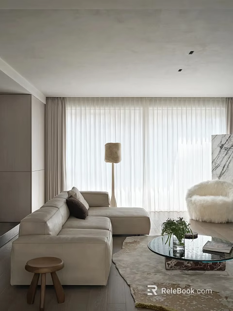 Modern Living Room With Light Gray Sofa Floor Lamp White Furry Armchair And Large Windows 3d model 