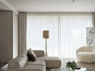 Modern Living Room With Light Gray Sofa Floor Lamp White Furry Armchair And Large Windows 3d model