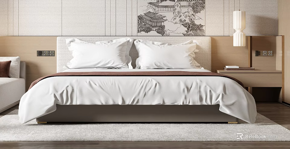 Modern Double Bed With Light Wood Headboard White Bedding And Japanese Style Painting 3d model 