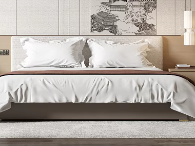 Modern Double Bed With Light Wood Headboard White Bedding And Japanese Style Painting 3d model