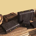 Vintage Leather Suitcases And Wooden Crates Arranged On Wood Planks