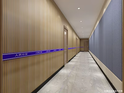 Modern Elevator Hallway With Wooden Panel Walls Gray Accent Blue Strips And Light Marble Flooring 3d model