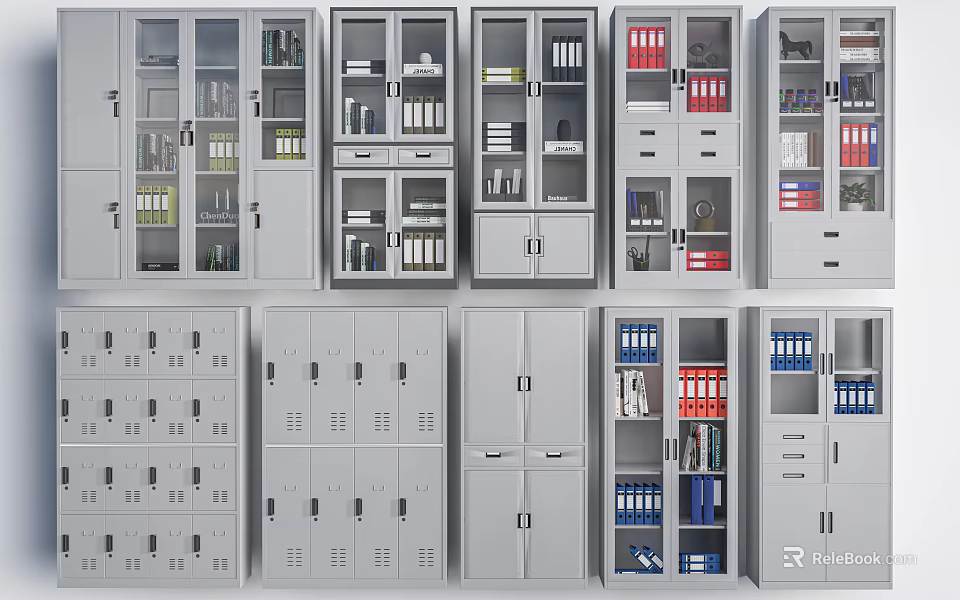 Different Styles Storage Lockers With Glass Doors Locking Compartments Multiple Tiers And Drawers 3d model 