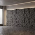 Modern Empty Room With Textured Dark Stone Wall And Wooden Floor