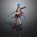 Anime Female Character Statue With Blue Twin Tails Purple Outfit And Weapon