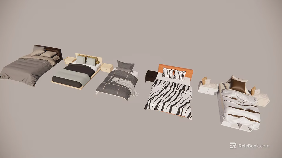 Modern Double Bed Designs With Various Headboards And Patterned Bed Linens 3d model