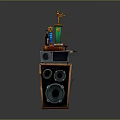 Vintage Style Headphones Speakers With Decorative Trophy Books And Bottle On Top