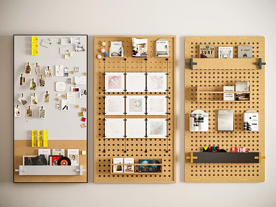 Wooden Pegboard Wall Organization With Various Hanging Accessories Tools Cards And Decor Items 3d model