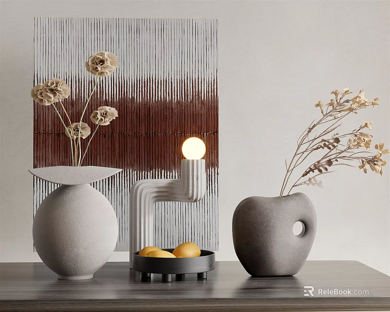 Minimalist Decorative Ornament Set with Ceramic Vases Dried Flowers Table Lamp and Fruit Tray 3d model 
