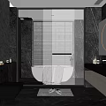 Modern Bathroom Interior With Dark Rock Wall Blinds Bathtub Round Mirror And Vanity Cabinets