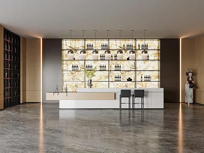 Modern Bar Interior With Marble Backsplash Wine Shelves And Bar Stools 3d model
