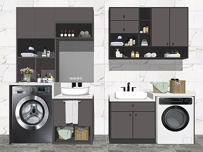 Bathroom Vanity With Washing Machine Storage Cabinets And Toiletries In Dark And White Design 3d model